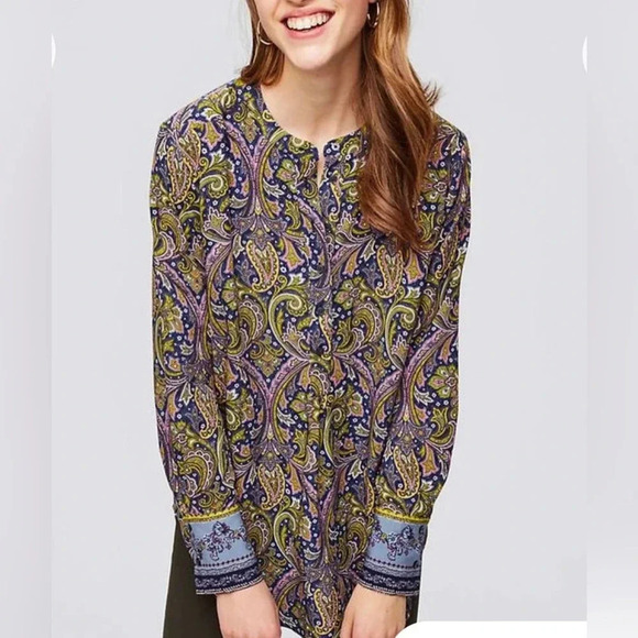 LOFT Women’s Border Paisley Henley Top Size Medium - Picture 1 of 9